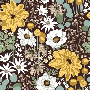 Boho garden // normal scale // expresso brown background sage green yellow ivory and white flowers 