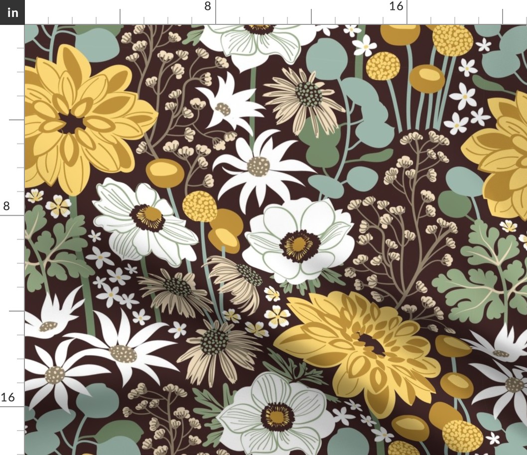 Boho garden // normal scale // expresso brown background sage green yellow ivory and white flowers 