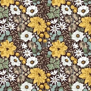 Tiny scale // Boho garden // expresso brown background sage green yellow ivory and white flowers 