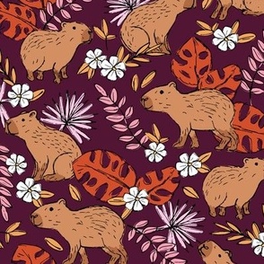 Wild animals - freehand sketch boho capybara jungle friends with monstera leaves and tropical hibiscus flowers sand caramel orange red pink on burgundy