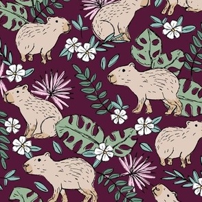 Wild animals - freehand sketch boho capybara jungle friends with monstera leaves and tropical hibiscus flowers sand beige pink green on burgundy