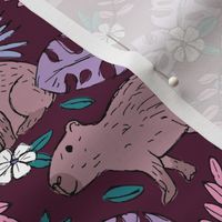 Wild animals - freehand sketch boho capybara jungle friends with monstera leaves and tropical hibiscus flowers mauve purple lilac pink on burgundy