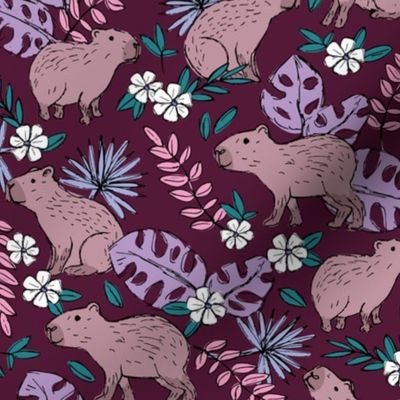 Wild animals - freehand sketch boho capybara jungle friends with monstera leaves and tropical hibiscus flowers mauve purple lilac pink on burgundy