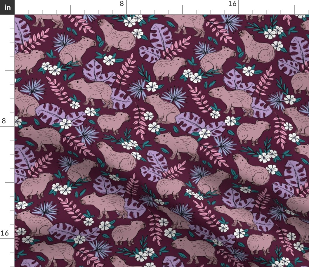 Wild animals - freehand sketch boho capybara jungle friends with monstera leaves and tropical hibiscus flowers mauve purple lilac pink on burgundy