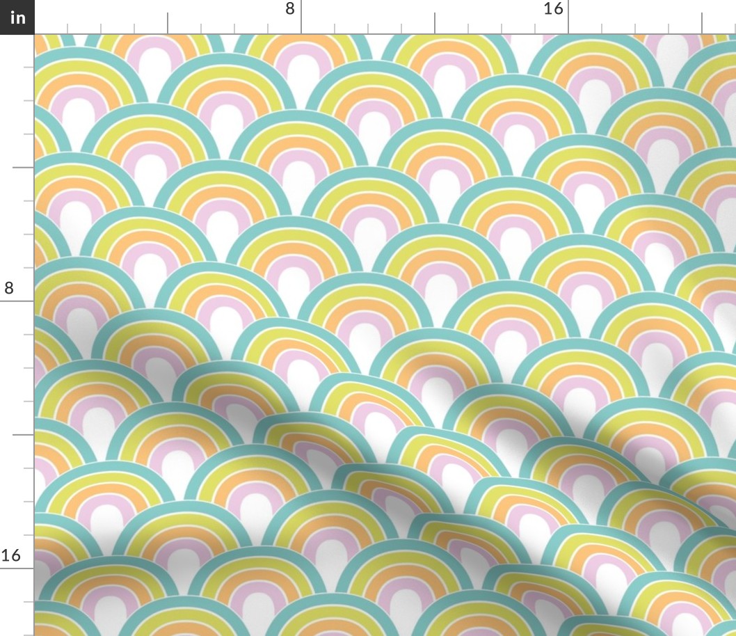 Retro disco rainbow waves boho vintage style seventies scales and curves bright summer colors blue lime orange pink on white