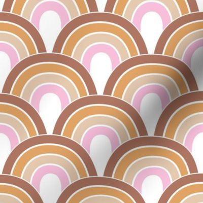 Retro disco rainbow waves boho vintage style seventies scales and curves bright summer colors  beige rust pink orange on white