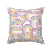 Retro disco rainbow waves and stripes boho vintage style seventies swirls and curves bright summer colors lilac aqua blue orange beige on white