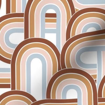 Retro disco rainbow waves and stripes boho vintage style seventies swirls and curves rust beige caramel pink blush blue on white