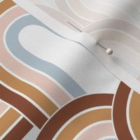 Retro disco rainbow waves and stripes boho vintage style seventies swirls and curves rust beige caramel pink blush blue on white