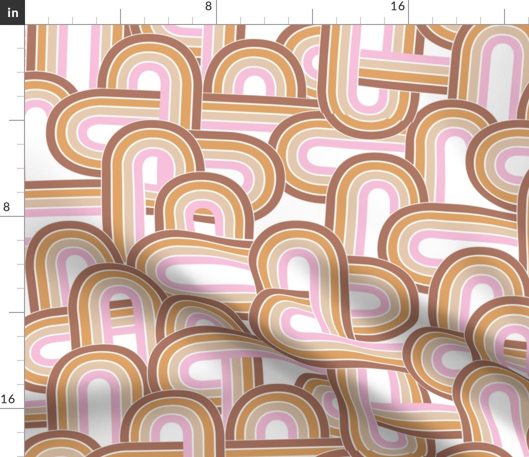 Retro disco rainbow waves and stripes boho vintage style seventies swirls and curves beige rust pink orange on white