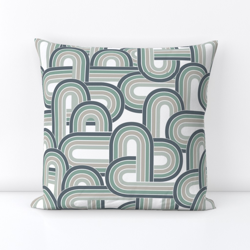 Retro disco rainbow waves and stripes boho vintage style seventies swirls and curves green gray on white