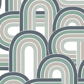 Retro disco rainbow waves and stripes boho vintage style seventies swirls and curves green gray on white