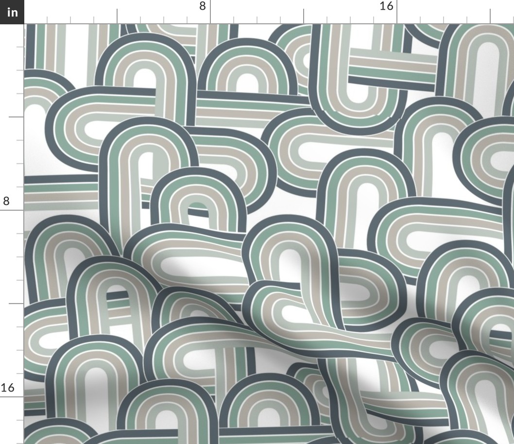 Retro disco rainbow waves and stripes boho vintage style seventies swirls and curves green gray on white