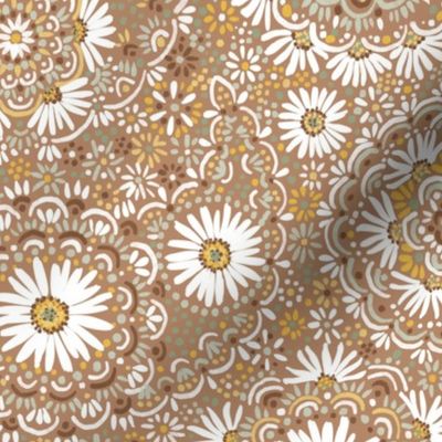 Boho daisy paisley - sand brown, white, sage, yellow 