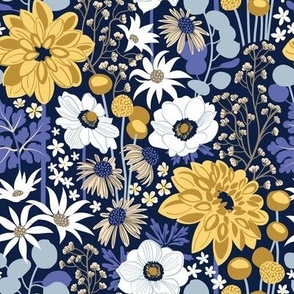 Small scale // Boho garden // oxford navy blue background background very peri pastel blue yellow ivory and white flowers