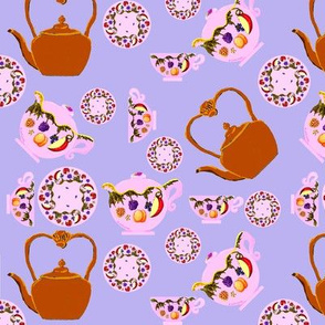 Tea Time: Fruit And Leaves Pattern On Teapot, Teacup, Copper Teakettle, And Plate