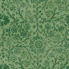 Indian Woodblock in Moss Green (xl scale) | Vintage Indian fabric print on linen texture in shades of green, rustic block print, hand printed pattern, boho floral.