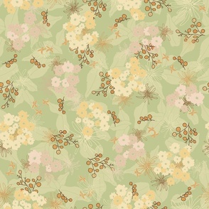 yellow, mild pink flowers and orange berries whimsical on light green leaves