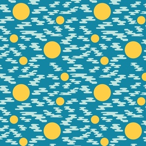 Modern Abstract Yellow and Light Blue Circles and Waves on Dark Blue 