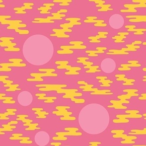 Modern Abstract Pink and Yellow Circles and Waves on Dark Pink