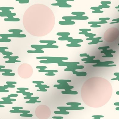 Modern Abstract Pink and Green Circles and Waves on Cream