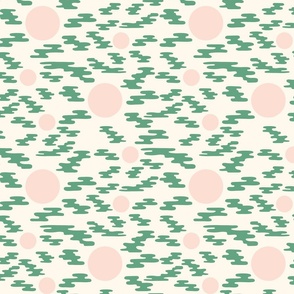 Modern Abstract Pink and Green Circles and Waves on Cream