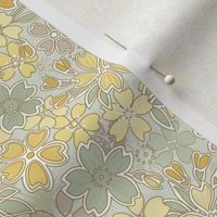 Floral Wilderness Mini- Sage Green Background- Vintage Pretty Flowers- Gold- Mustard- Yellow -Jade- Green- Earth Tones Boho Spring Fabric- Summer- Fall- Wallpaper- Large Scale