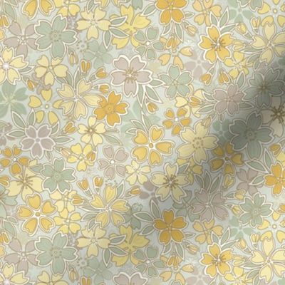 Floral Wilderness Mini- Sage Green Background- Vintage Pretty Flowers- Gold- Mustard- Yellow -Jade- Green- Earth Tones Boho Spring Fabric- Summer- Fall- Wallpaper- Large Scale