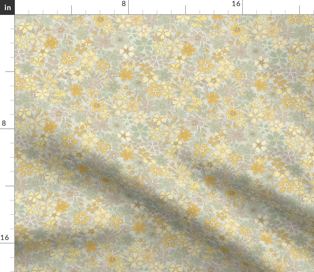 Floral Wilderness Mini- Sage Green Background- Vintage Pretty Flowers- Gold- Mustard- Yellow -Jade- Green- Earth Tones Boho Spring Fabric- Summer- Fall- Wallpaper- Large Scale