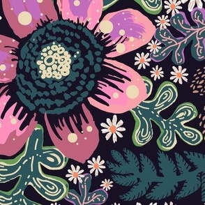 Whimsical flower field in saturated colors on black | coral pink, purple, white flowers | jumbo