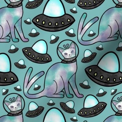 Alien Space Cat Turquoise Background