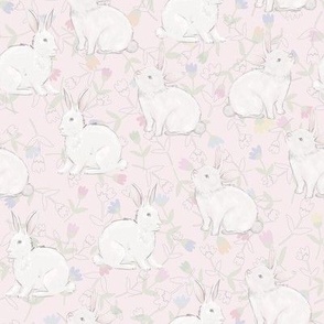 Baby Bunnies // Normal scale //  Light Pink Background // Flower Spring Field // Light Blue Kids