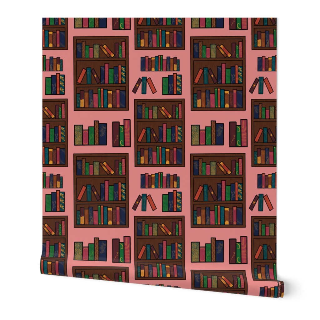 Bookshelf and Books Pink Background
