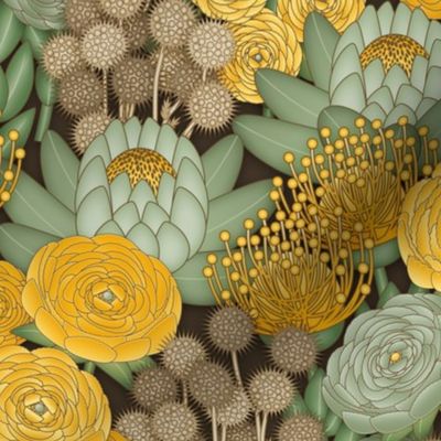 Boho Chic Flowers // Yellow, Green, Sage, Jonquil, Amber, Brown // Brown Outlines // Small Scale - 500dpi