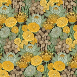 Boho Chic Flowers // Yellow, Green, Sage, Jonquil, Amber, Brown // Brown Outlines // Small Scale - 500dpi