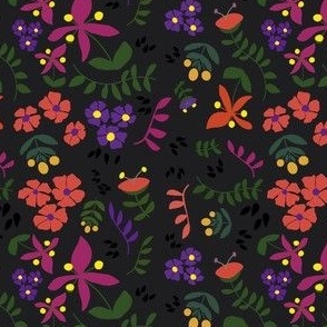 Colorful, bold floral with maroon, coral and purple flowers and dark green leaves