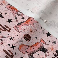 Magical West- Wild Horses in Mystical Desert- Pink Orange Black on Pale Pink- Small Scale