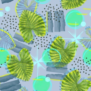 Halftone Tropical Leaves in Fluro Yellow, Green and Blue