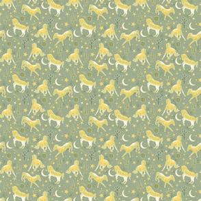 Magical West- Wild Horses in Mystical Desert- Citron Golden Yellow White Artichoke on Sage Green- Small Scale