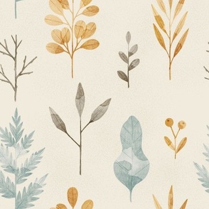 Autumn Leaves, Ferns and Branches on Beige Background.