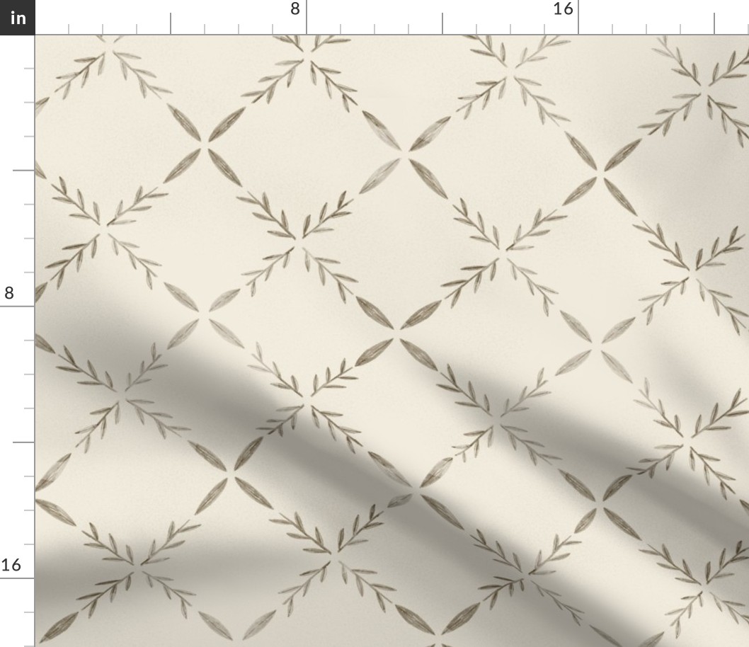 Grey Leaves and Branches Geometric Grid Tile Pattern.