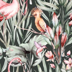Tropical watercolor birds hummingbird, flamingo, palms, exotic jungle flowers 4