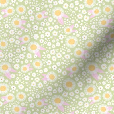 Sweet daisy ditsy flowers poppy blossom and sunflowers white lime green pink orange retro