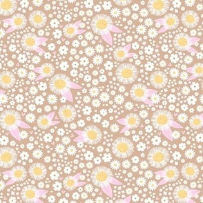 Sweet daisy ditsy flowers poppy blossom and sunflowers white pink yellow on beige latte seventies pastels vintage 