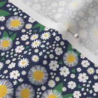 Sweet daisy ditsy flowers poppy blossom and sunflowers white yellow green on navy blue 