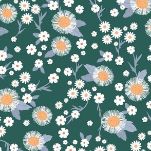 Chamomile flowers daisies buttercups and asters white flower garden mix romantic boho summer theme  orange periwinkle on pine green 