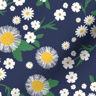 Chamomile flowers daisies buttercups and asters white flower garden mix romantic boho summer theme white yellow green on navy blue