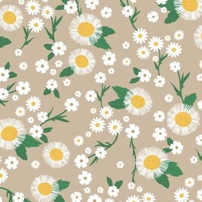 Chamomile flowers daisies buttercups and asters white flower garden mix romantic boho summer theme white yellow green on beige latte 