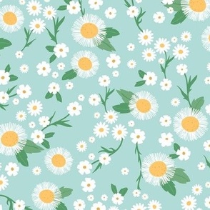 Chamomile flowers daisies buttercups and asters white flower garden mix romantic boho summer theme white yellow green on aqua blue 