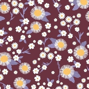 Chamomile flowers daisies buttercups and asters white flower garden mix romantic boho summer theme white orange lilac on burgundy wine red 